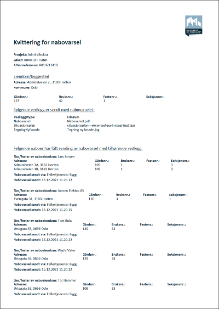 Eksempel på gyldig kvittering for nabovarsel distribuert gjennom Fellestjenester BYGG