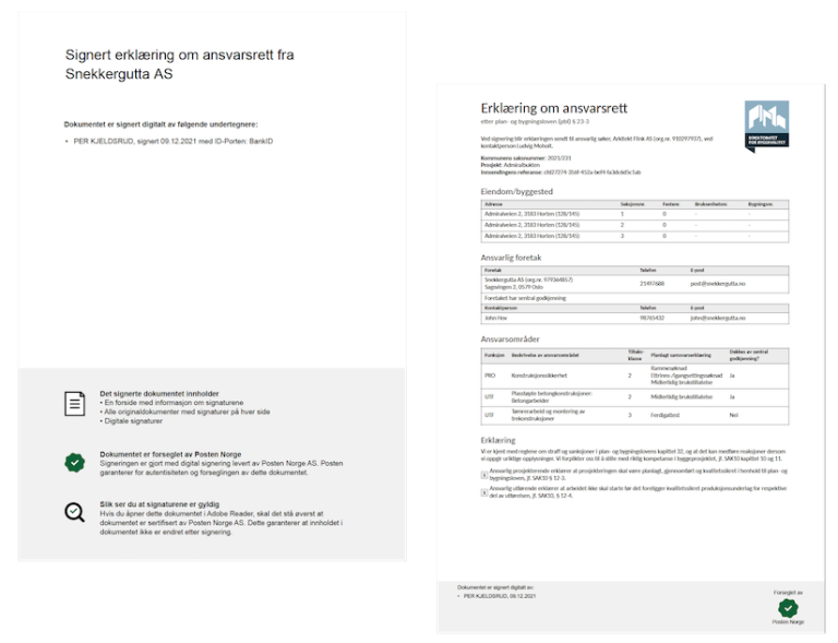 Eksempel på ansvarserklæring signert gjennom Fellestjenester BYGG